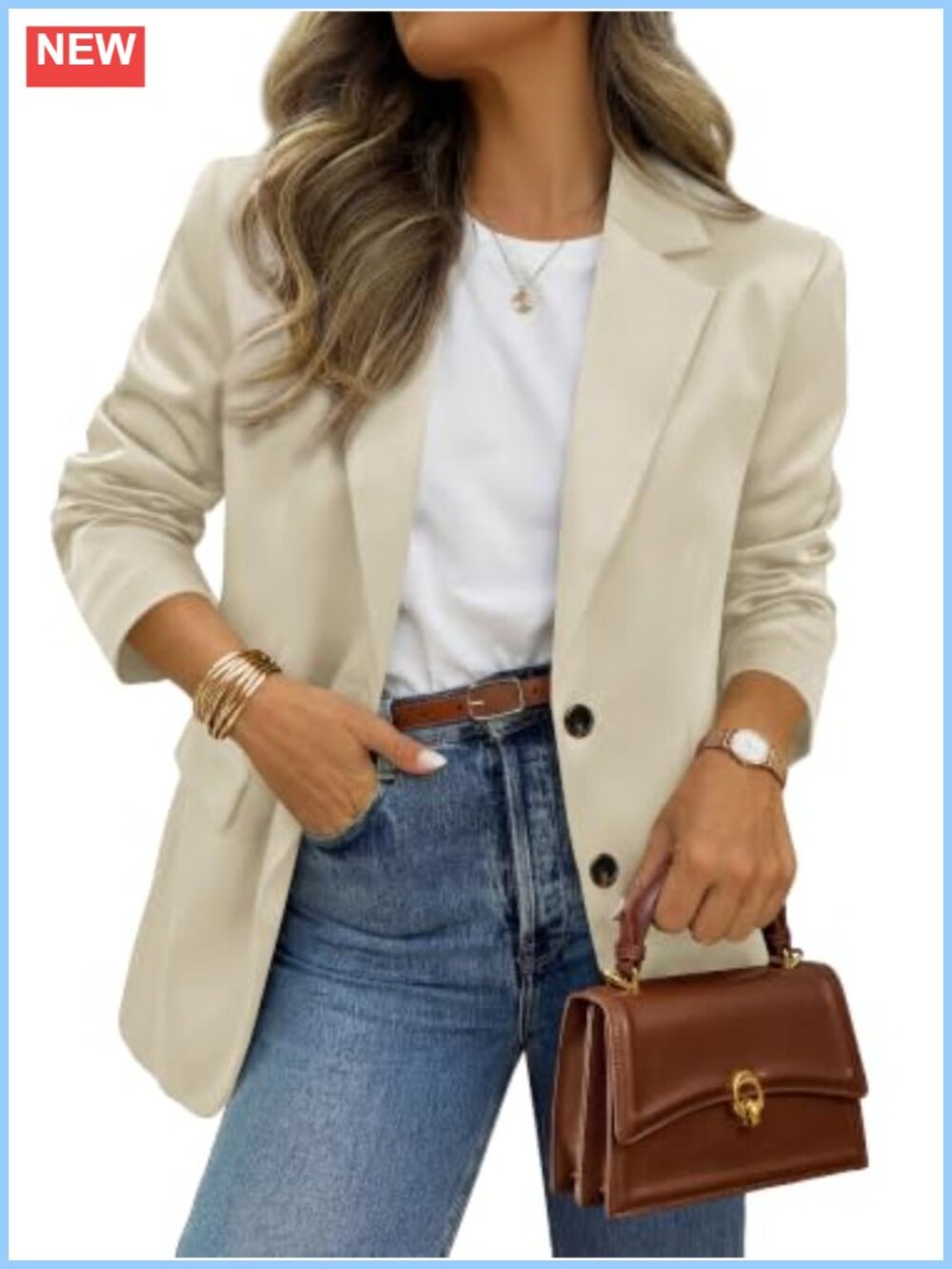 Satin Long Sleeve Blazer with Padded Shoulders - Business Casual